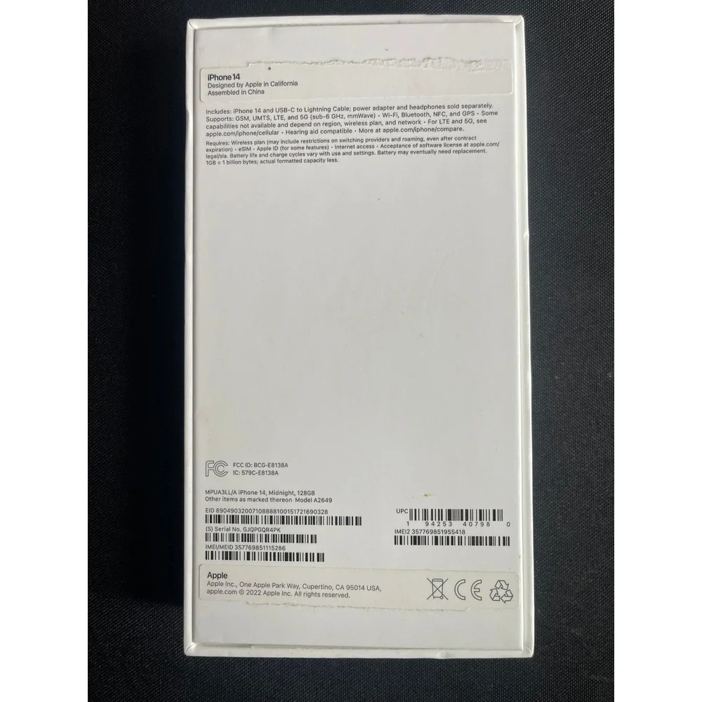 Apple iPhone 14 Midnight 128GB MPUA3LL/A Model A2649 Box and Cable Only